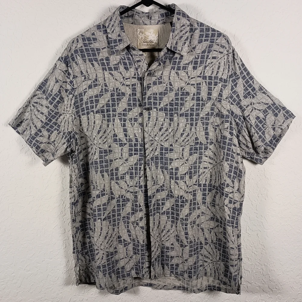 Tasso Elba Island Silk Linen Blue‎ Gray Tropical Men's L Short Sleeve Shirt